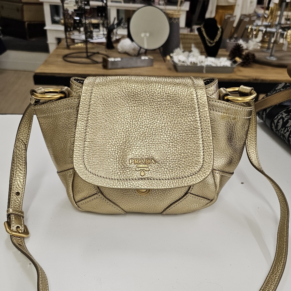 Prada metallic gold leather crossbody purse